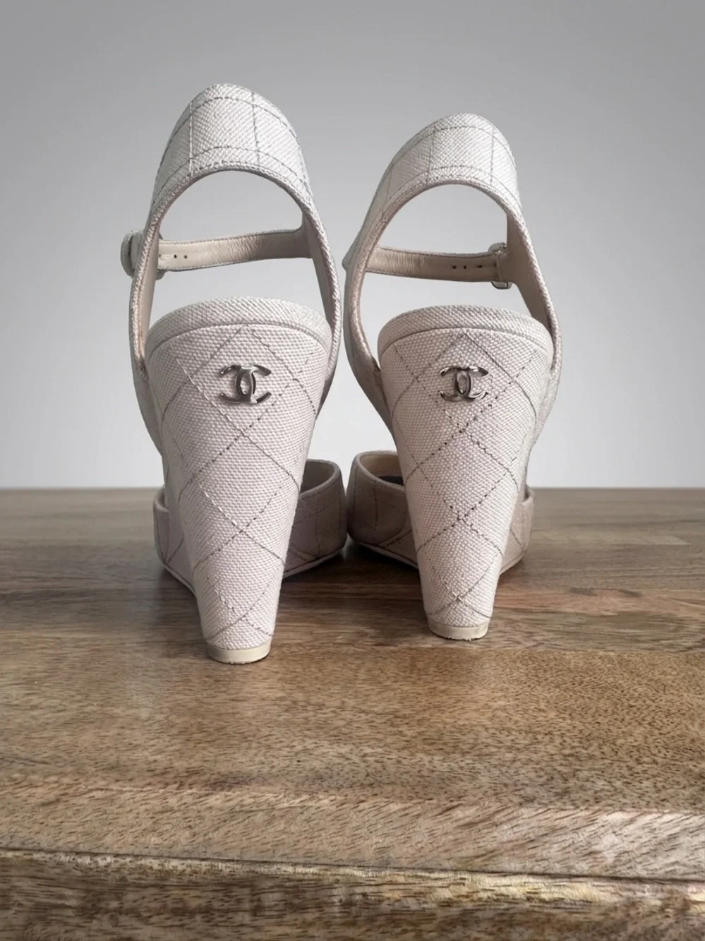 CHANEL Light Beige Quilted Ankle-Strap Wedge Sandals